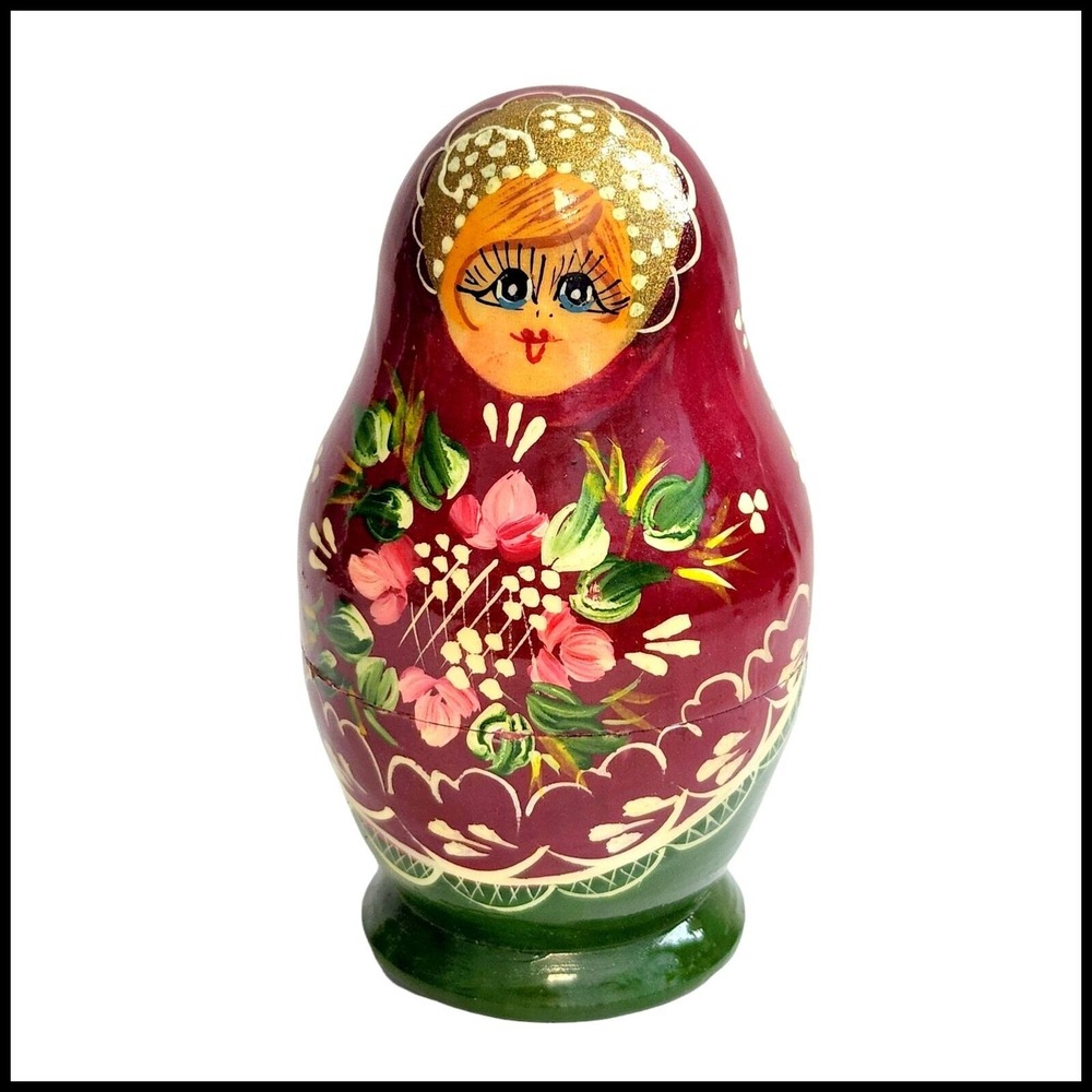 Russian Nesting Doll Set of 5 Matryoshka Hand Painted Wood Burgundy Girl Floral